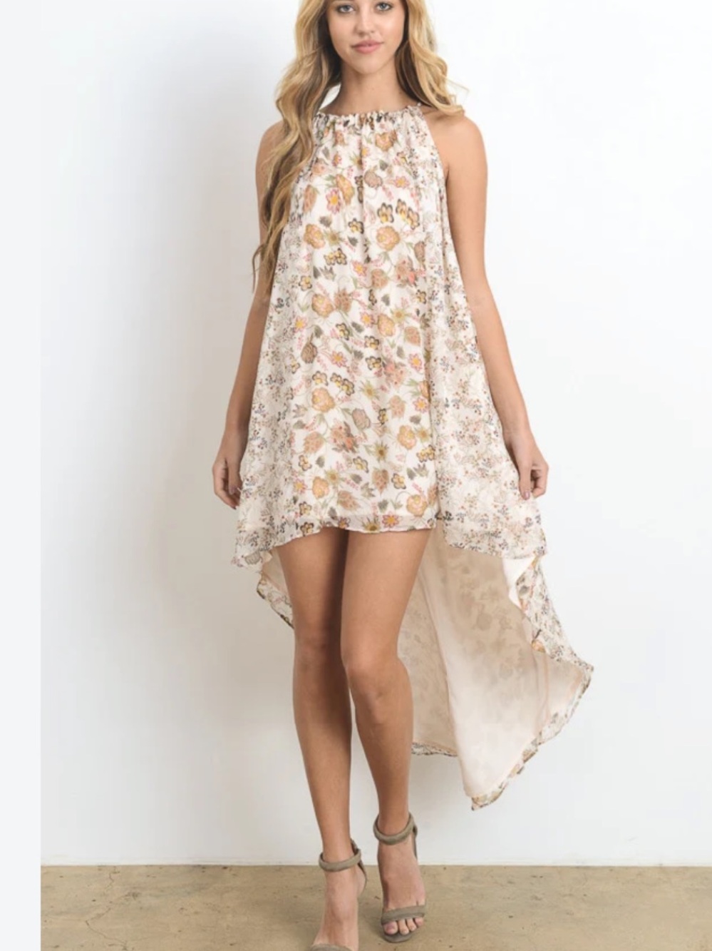 Hommage Cream Floral Halter High-Low Dress